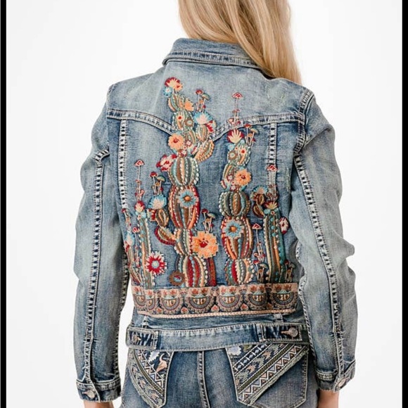 Grace in LA Jackets & Blazers - Grace in LA Denim Jacket with Colorful Cactus Embroidery
